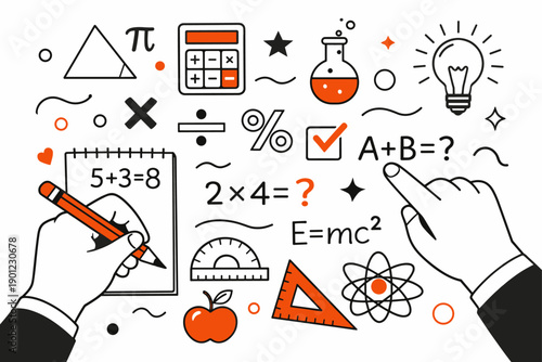 Mathematics and science concepts illustrated in doodles
