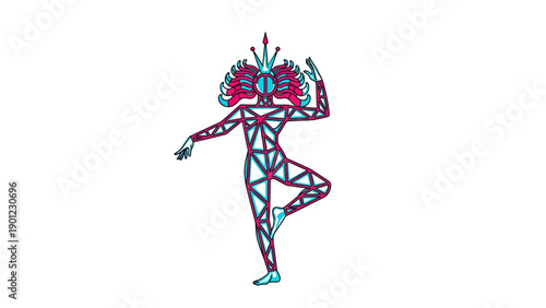 Geometric Dance Avatar Vector. Neon Cyberpunk Figure in Movement. Abstract Low Poly Design.