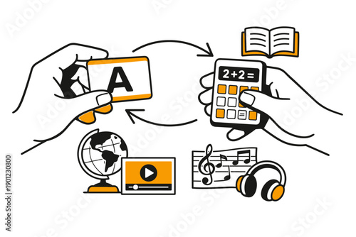 Interactive learning tools exchange - cards, calculator, music, video, globe, book, headphones