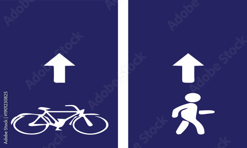 A set of blue directional signs featuring white icons for a bicycle lane and a pedestrian walkway. The design includes upward arrows indicating forward movement, with each symbol placed in a separate 