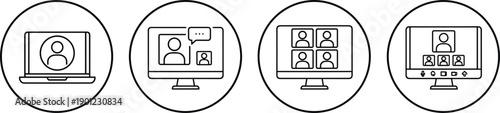 Video conference screen icons in circular frames representing online meetings remote teamwork communication webinar business collaboration vector illustration