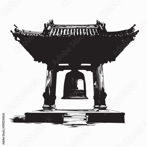Hindu Temple Hanging Bell Silhouette Vector on White Background