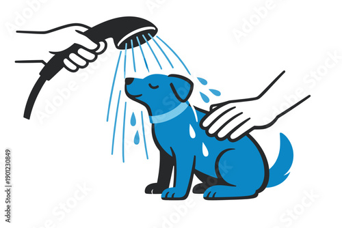 Cartoon blue dog getting a shower with hose and hand petting