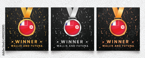 Premium Wallis and Futuna winner set featuring gold, silver and bronze medals with the national flag design, displayed on a dark background with festive confetti and sparkles