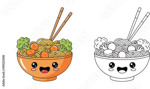 Kawaii ramen noodle bowl character with chopsticks and vegetables. Cute cartoon food vector illustration for coloring book. Black and white outline and color set.