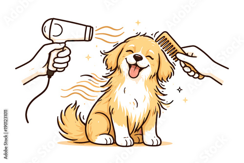Golden retriever enjoying grooming session with blow dryer and comb