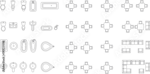 Collection of technical mechanical blueprint icons isolated on transparent background