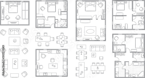 A collection of architectural floor plans isolated on transparent background