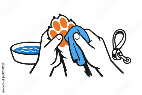 Pet grooming: cleaning dog paw with towel and water bowl