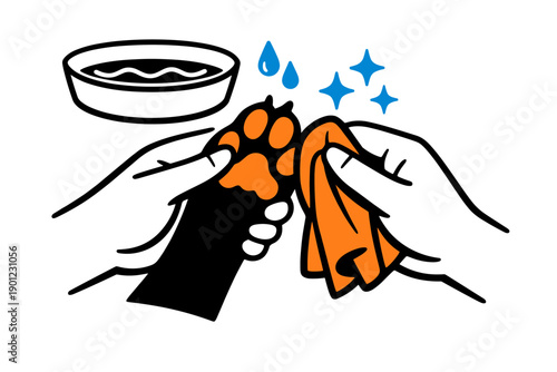 Cleaning a cat's paw with cloth and water bowl - pet care illustration