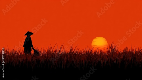 A silhouette of a person in traditional attire walks through tall grass at sunset, set against a vibrant orange sky.