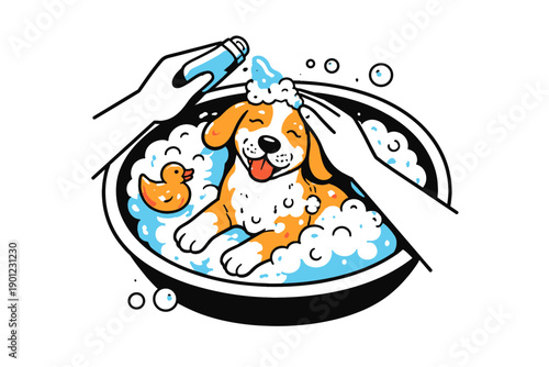 Happy beagle pup enjoying bubble bath with rubber duck