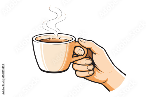Hand holding a steaming cup of coffee on white background