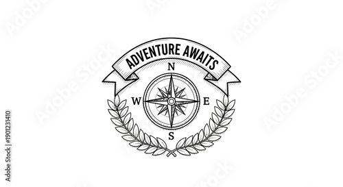 Adventure emblem illustration with compass and laurel wreath representing exploration and travel badge