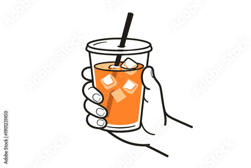 Hand holding iced beverage in plastic cup with straw on white background