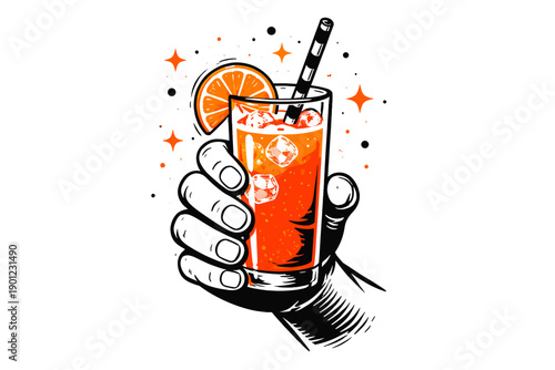 Hand holding iced orange beverage with slice and straw - refreshing citrus drink illustration