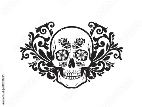 Black and white distressed sugar skull design with elaborate floral scrollwork border
