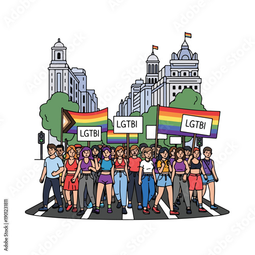 Diverse group marching with LGBTI banners across city street intersection surrounded by tall buildings and trees