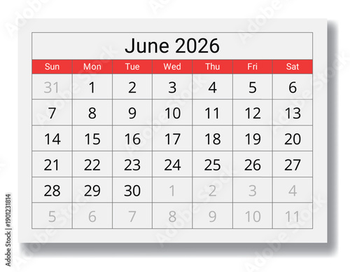2026 June calendar. English monthly vector page Sunday start