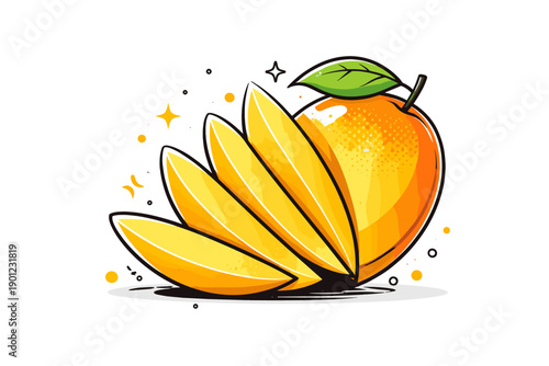 Sliced mango with leaf and sparkles on white background
