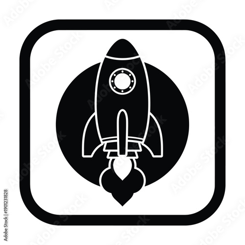 Black and white illustration of a rocket ship icon in a square frame