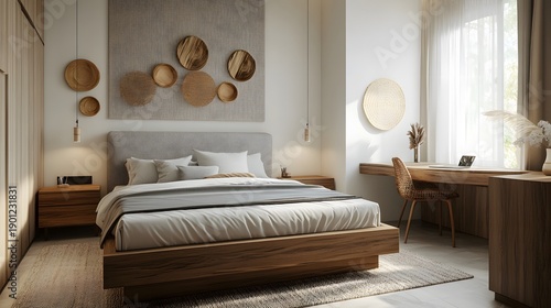 Luxury apartment bedroom with wooden furniture. Modern interior design living room with yellow sofa.