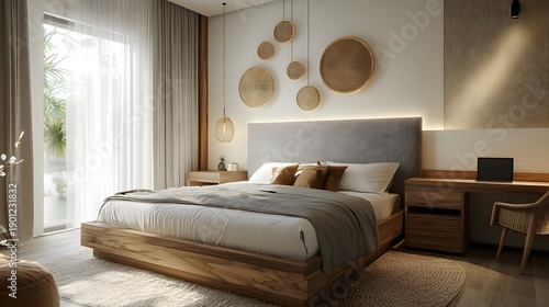 Luxury apartment bedroom with wooden furniture. Modern interior design living room with yellow sofa.