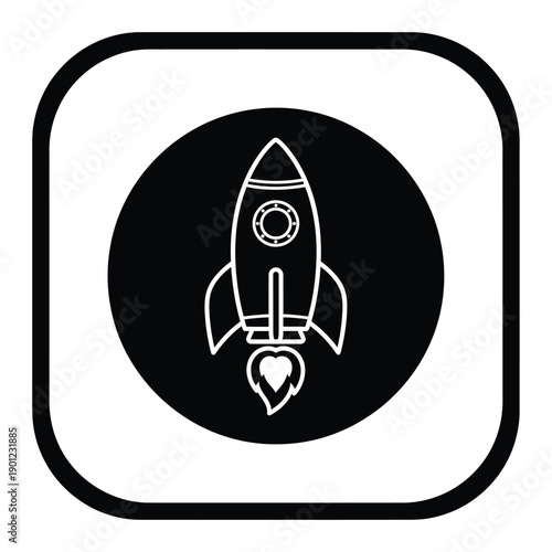 Black and white illustration of a rocket ship with heart flame
