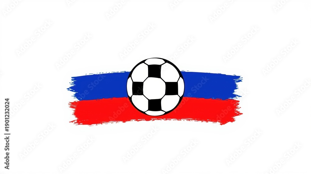 Fototapeta premium A black and white soccer ball centered on a flag with red and blue horizontal stripes.