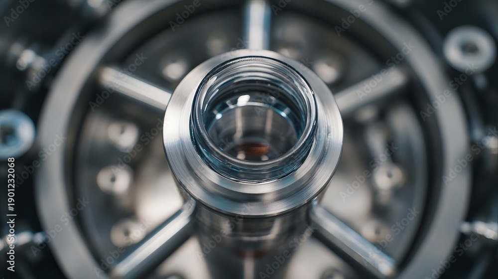 Fototapeta premium Detailed close up view of precision scientific laboratory equipment featuring intricate metal and glass components within a sterile industrial