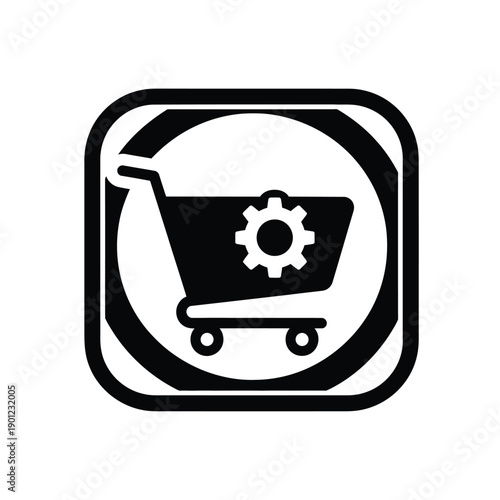 Black and white icon of a shopping cart with a gear on it in a square frame