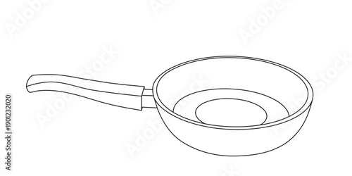 Outline drawing of pan isolated on a white background. Vector illustration, linear icon. Open empty pan. Kitchen utensils, dishes.	