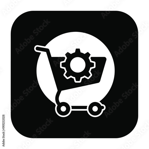 Black square icon with a shopping cart and gear on for ecommerce or shopping concept