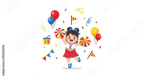 Happy Young Cheerleader Girl with Pom-Poms Celebrating and Jumping Joyfully in a Festive Confetti Environment