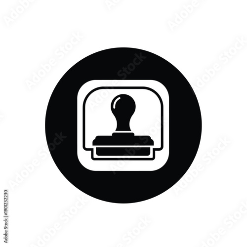 Black and white icon of a stamp on a square with rounded corners inside a circle