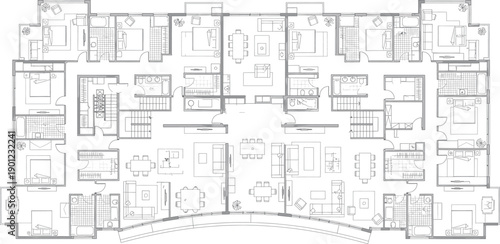 A blurry black and white architectural blueprint of a building floor plan isolated on transparent background