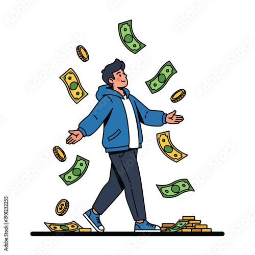 Man surrounded by falling money, walking on cash piles, vector illustration of wealth and prosperity