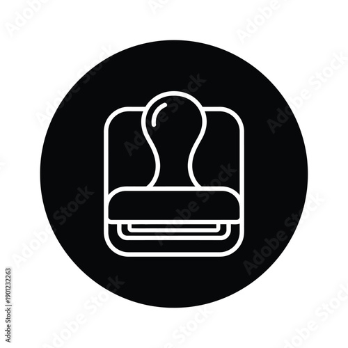 Black circle icon with white outline of a rubber stamp