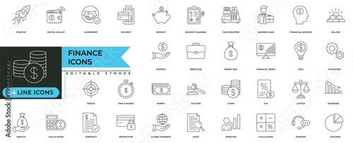 Finance services line icons set with banking, investment, accounting, analytics and financial management symbols in modern outline style