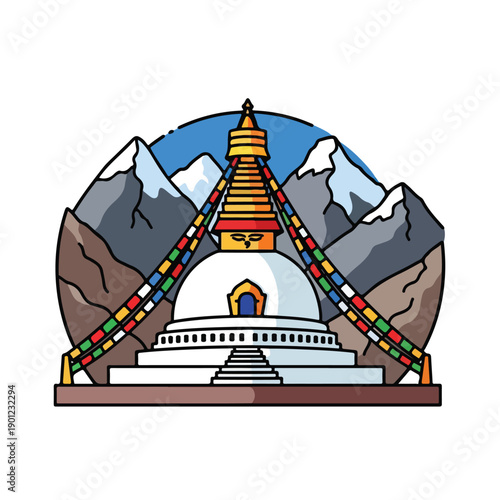 An illustration of the Boudhanath Stupa in Nepal surrounded by mountains and prayer flags from a front viewpoint