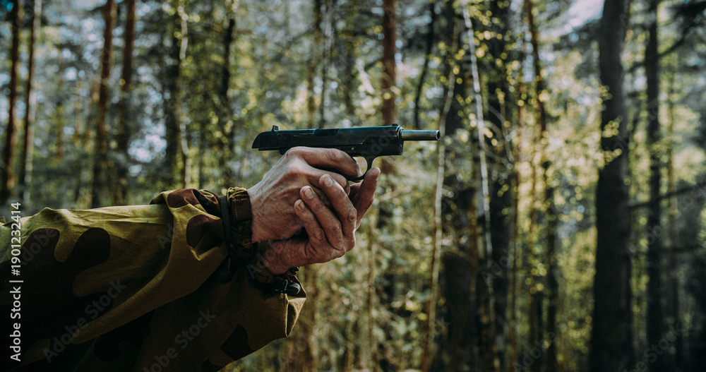 Fototapeta premium Hands of Red Army soviet russian soldier holding empty pistol with slide back in forest reenactment
