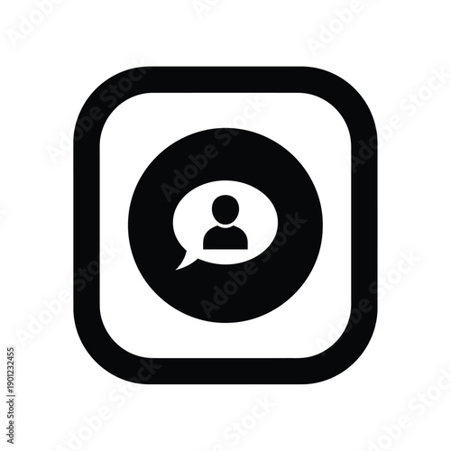 Black and white icon of a person in a speech bubble on a square background with rounded corners