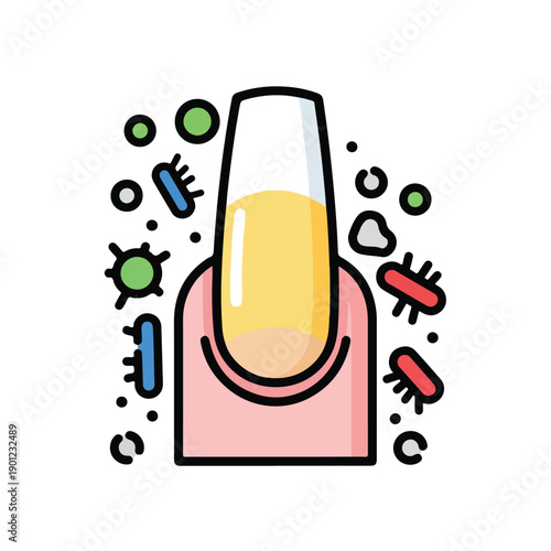 A cartoon-style illustration of a nail polish bottle surrounded by various germs and microbes in a flat design style