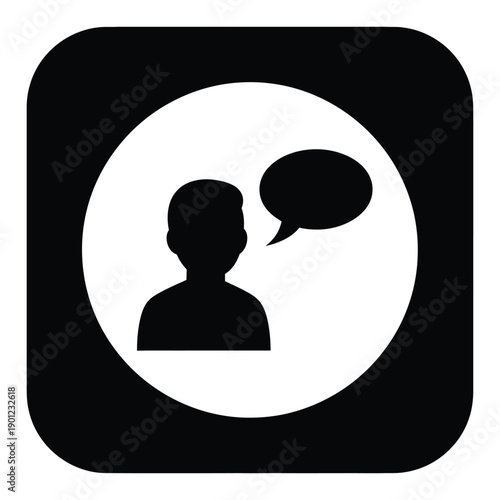 Black silhouette of a person with a speech bubble on a in a square