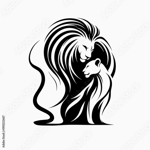 Affectionate lion and lioness in touching composition on white background