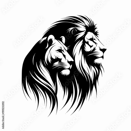 Proud lion with lioness on white background