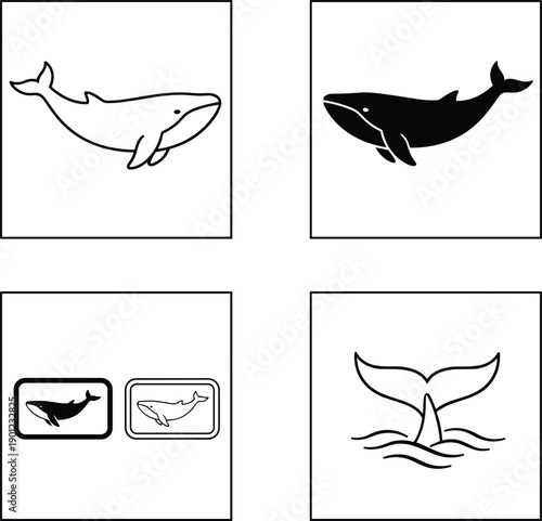 Whale icon set in outline and solid styles representing marine life ocean wildlife swimming animals vector illustration