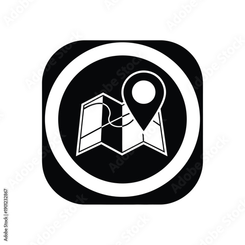 Black and white icon of a map and location pin in a circle