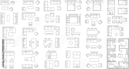 A collection of various technical blueprint drawings isolated on transparent background