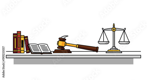 Stacked Law Books and Scales of Justice with a Gavel on a Shelf, Symbolizing Legal Knowledge